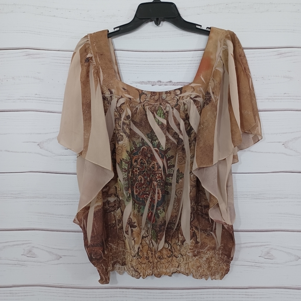 L.A. Blues Earthy Green Square Neckline Flutter Sleeve Blouse Shirt Top